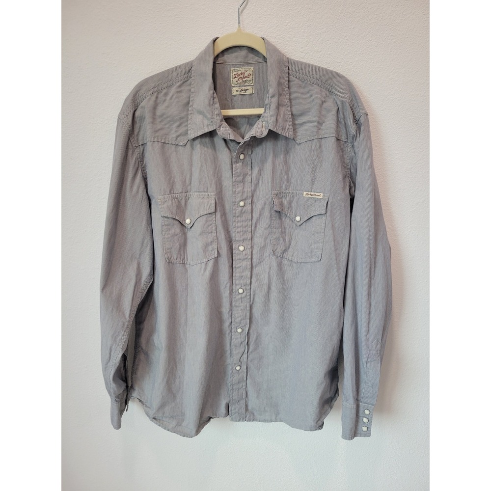 Lucky Brand Men XL Western Pearl Snap Shirt 100% Cotton White Gray Pinstripe